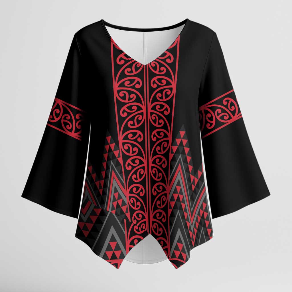 Red Aotearoa Mangopare Kowhaiwhai Niho Taniwha Kimono Sleeve Blouse Maori New Zealand LT14 Female Red - Polynesian Pride