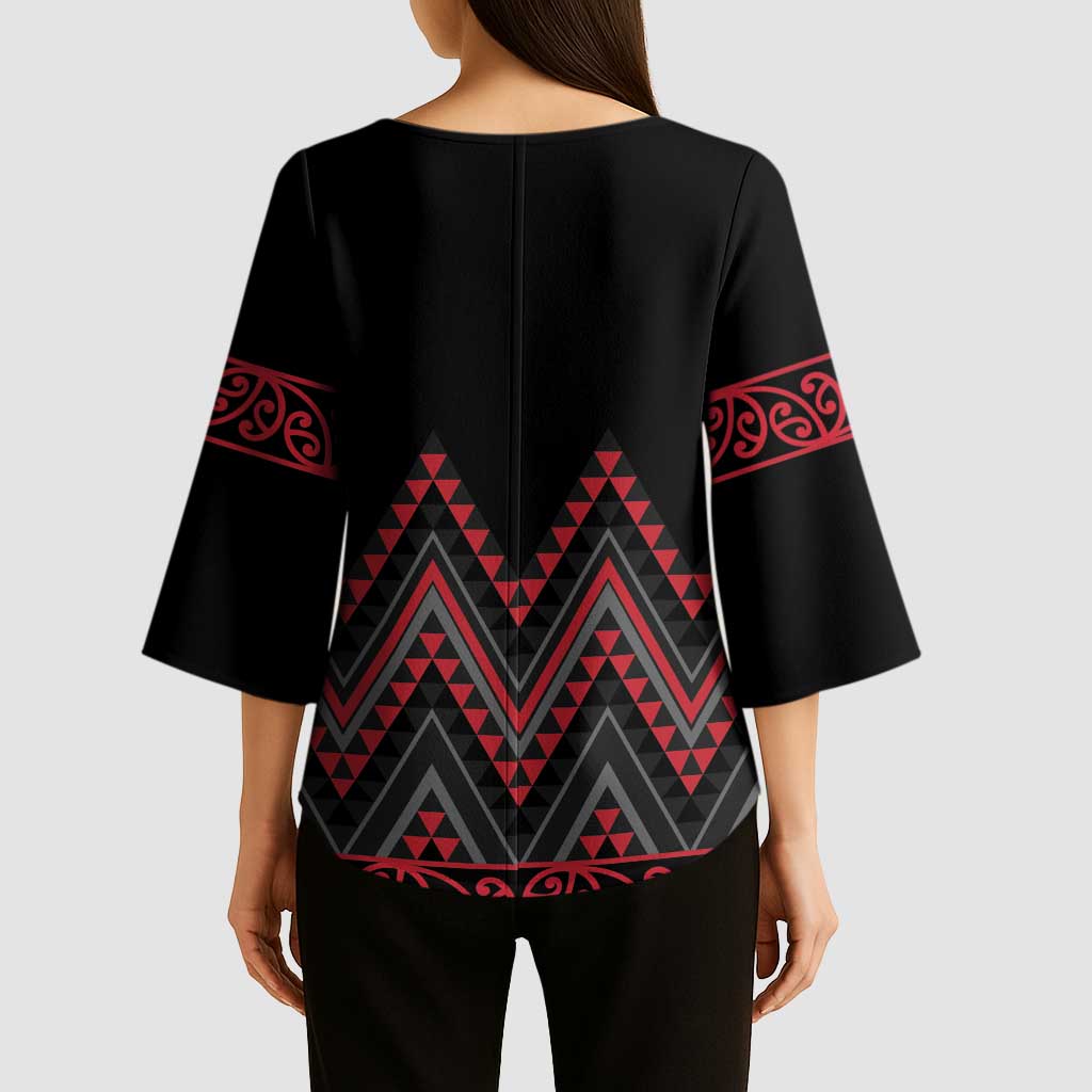 Red Aotearoa Mangopare Kowhaiwhai Niho Taniwha Kimono Sleeve Blouse Maori New Zealand LT14 - Polynesian Pride