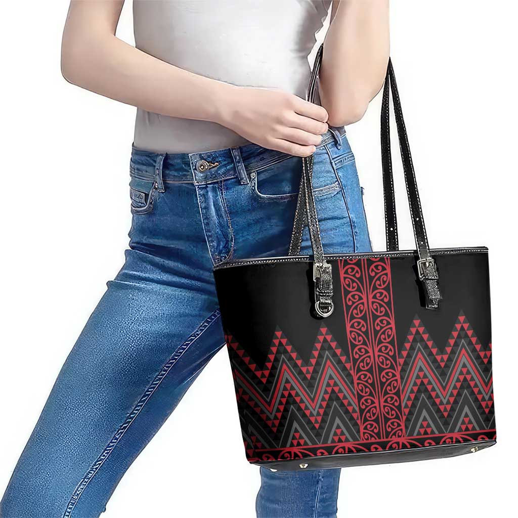 Red Aotearoa Mangopare Kowhaiwhai and Niho Taniwha Leather Tote Bag Maori New Zealand LT14 - Polynesian Pride