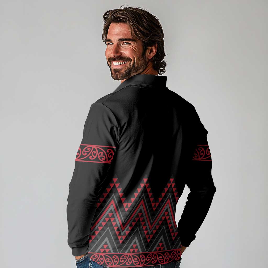 Red Aotearoa Mangopare Kowhaiwhai and Niho Taniwha Long Sleeve Polo Shirt Maori New Zealand LT14 - Polynesian Pride