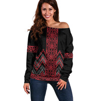 Red Aotearoa Mangopare Kowhaiwhai and Niho Taniwha Off Shoulder Sweater Maori New Zealand LT14 Women Red - Polynesian Pride