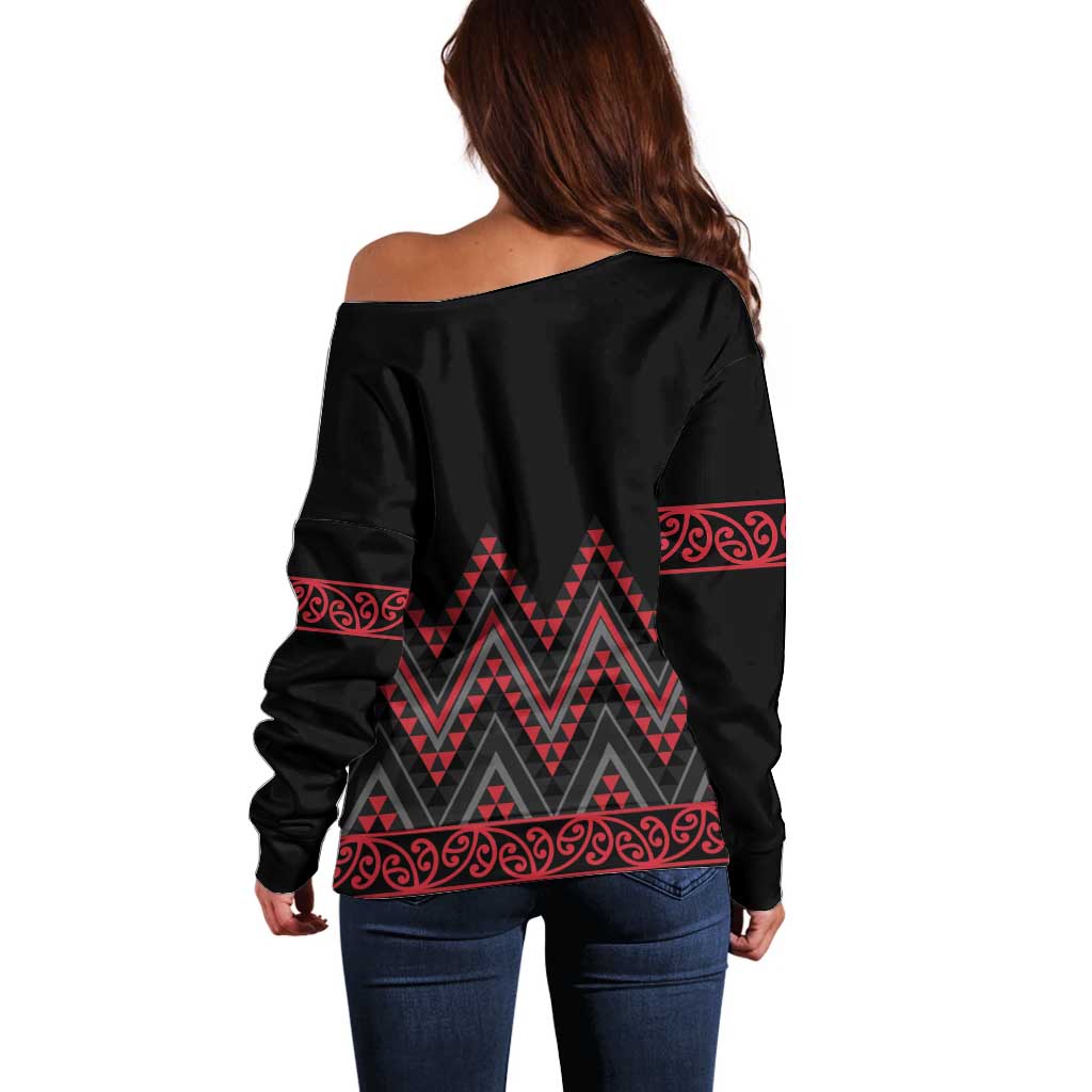 Red Aotearoa Mangopare Kowhaiwhai and Niho Taniwha Off Shoulder Sweater Maori New Zealand LT14 - Polynesian Pride