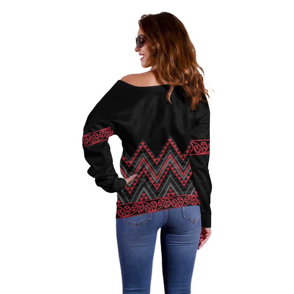 Red Aotearoa Mangopare Kowhaiwhai and Niho Taniwha Off Shoulder Sweater Maori New Zealand LT14 - Polynesian Pride