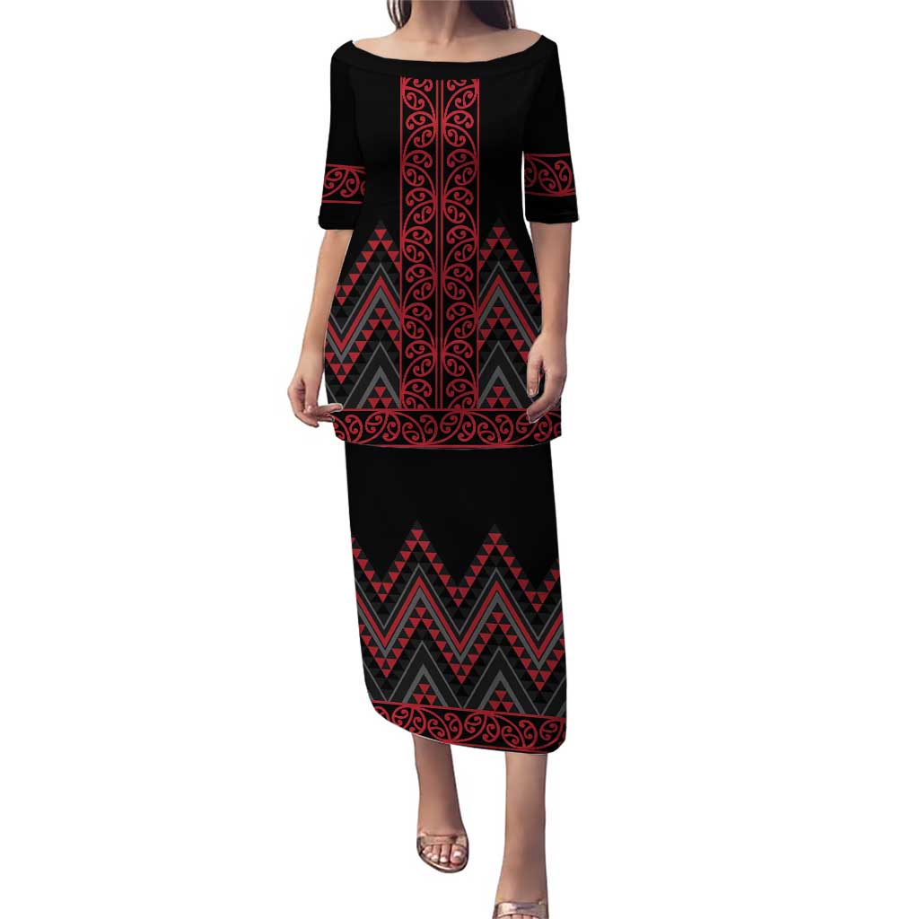 Red Aotearoa Mangopare Kowhaiwhai and Niho Taniwha Puletasi Maori New Zealand LT14 Long Dress Red - Polynesian Pride