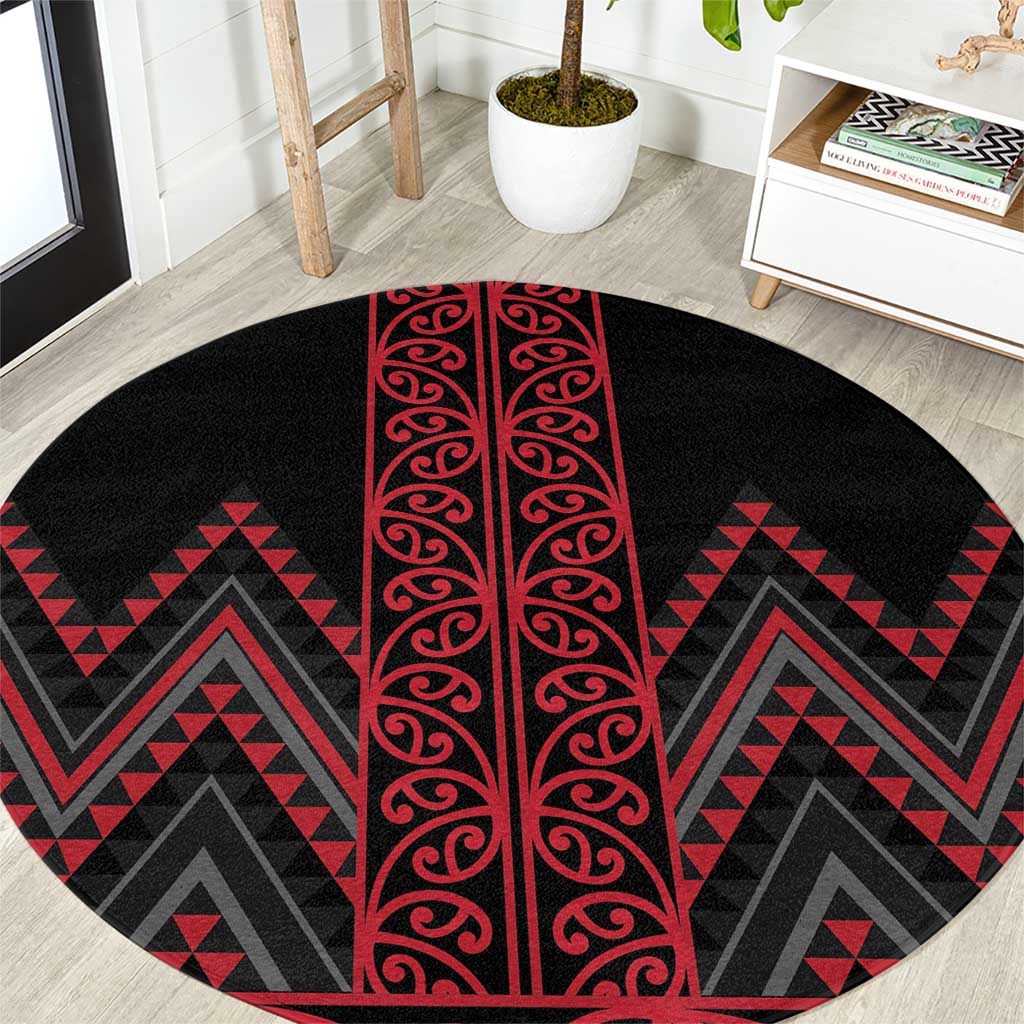 Red Aotearoa Mangopare Kowhaiwhai and Niho Taniwha Round Carpet Maori New Zealand LT14 Red - Polynesian Pride