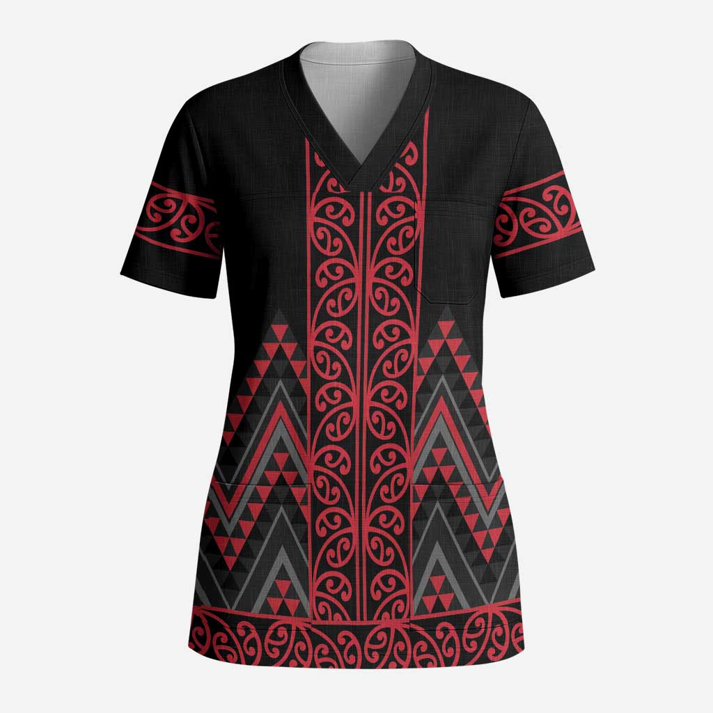 Red Aotearoa Mangopare Kowhaiwhai and Niho Taniwha Scrub Top Maori New Zealand LT14 Adult Red - Polynesian Pride