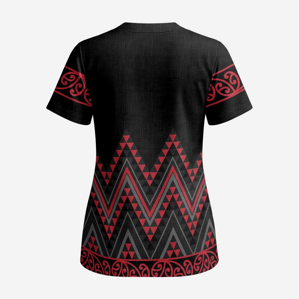 Red Aotearoa Mangopare Kowhaiwhai and Niho Taniwha Scrub Top Maori New Zealand LT14 - Polynesian Pride