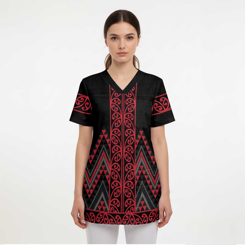 Red Aotearoa Mangopare Kowhaiwhai and Niho Taniwha Scrub Top Maori New Zealand LT14 - Polynesian Pride