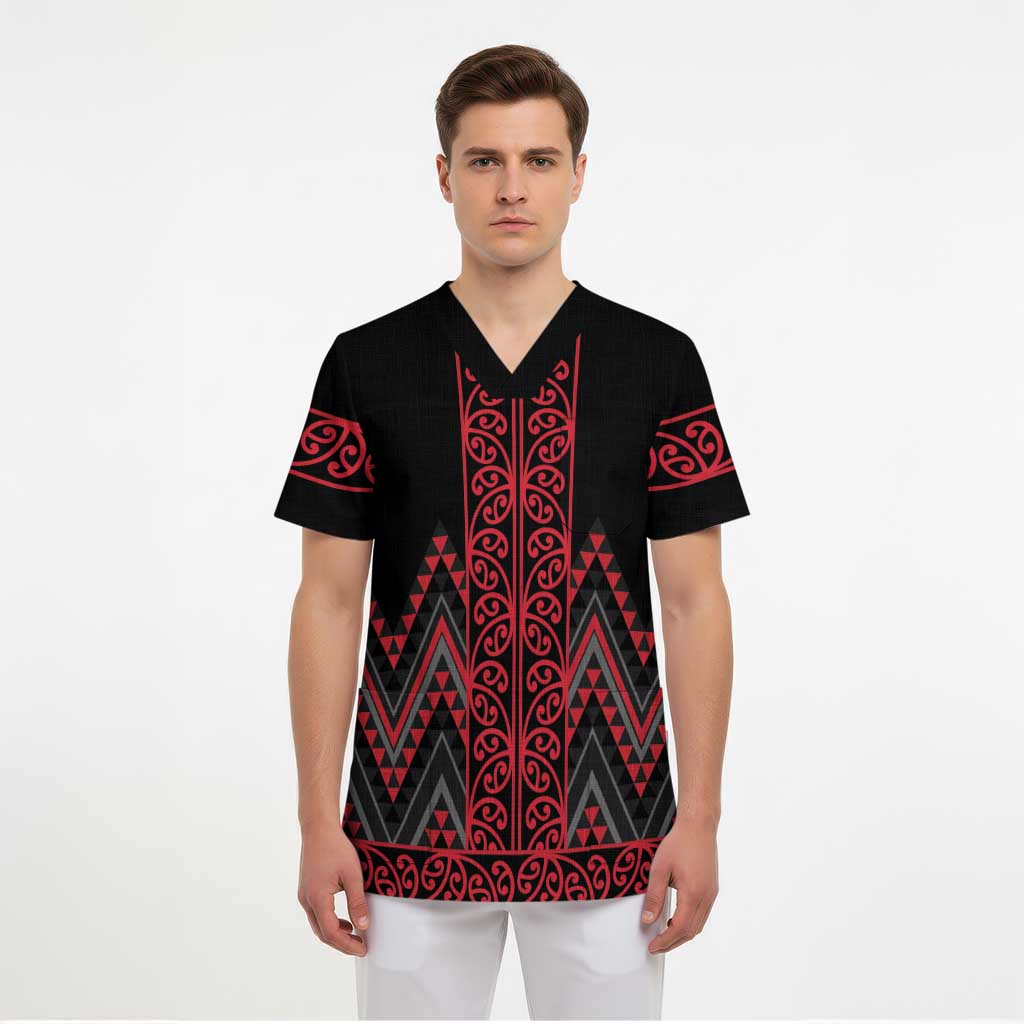 Red Aotearoa Mangopare Kowhaiwhai and Niho Taniwha Scrub Top Maori New Zealand LT14 - Polynesian Pride