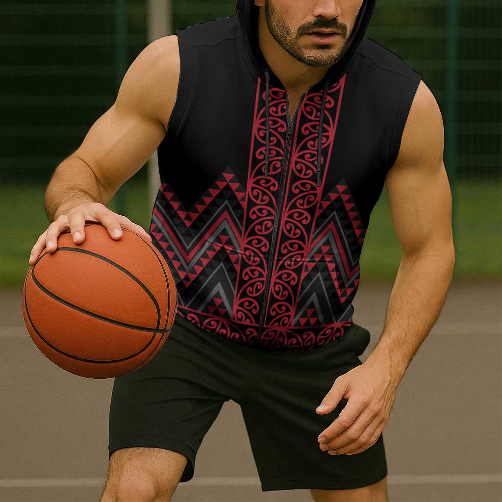 Red Aotearoa Mangopare Kowhaiwhai Niho Taniwha Sleeveless Zip Hoodie Maori New Zealand LT14 - Polynesian Pride