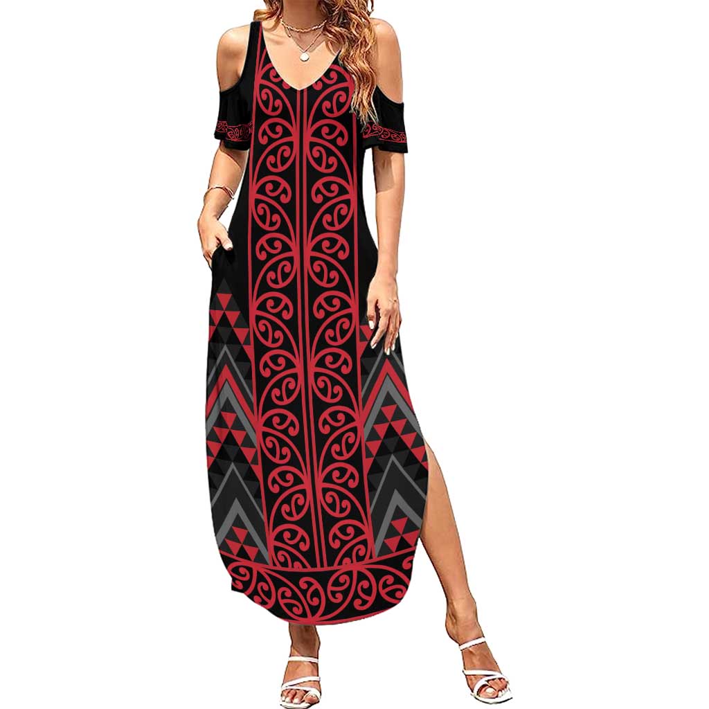 Red Aotearoa Mangopare Kowhaiwhai and Niho Taniwha Summer Maxi Dress Maori New Zealand LT14 Women Red - Polynesian Pride