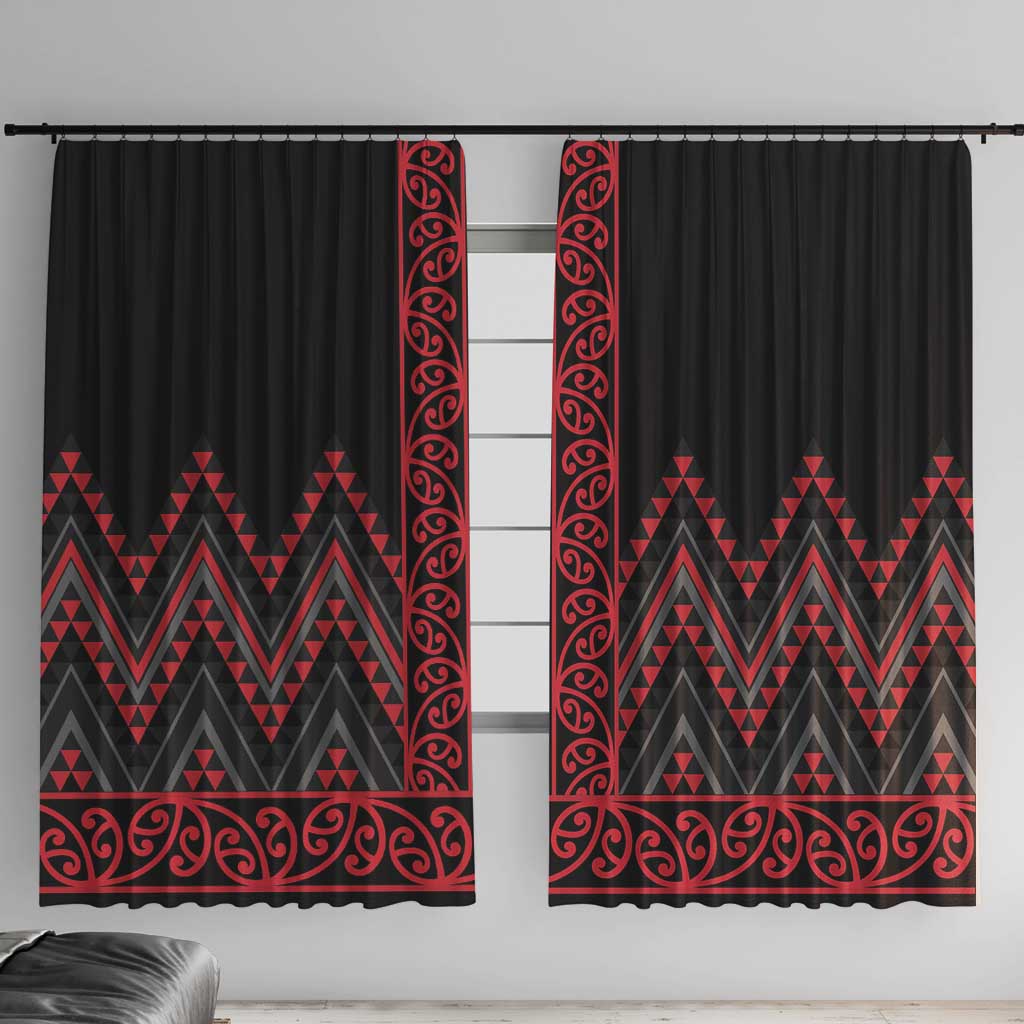 Red Aotearoa Mangopare Kowhaiwhai and Niho Taniwha Window Curtain Maori New Zealand LT14 With Hooks Red - Polynesian Pride