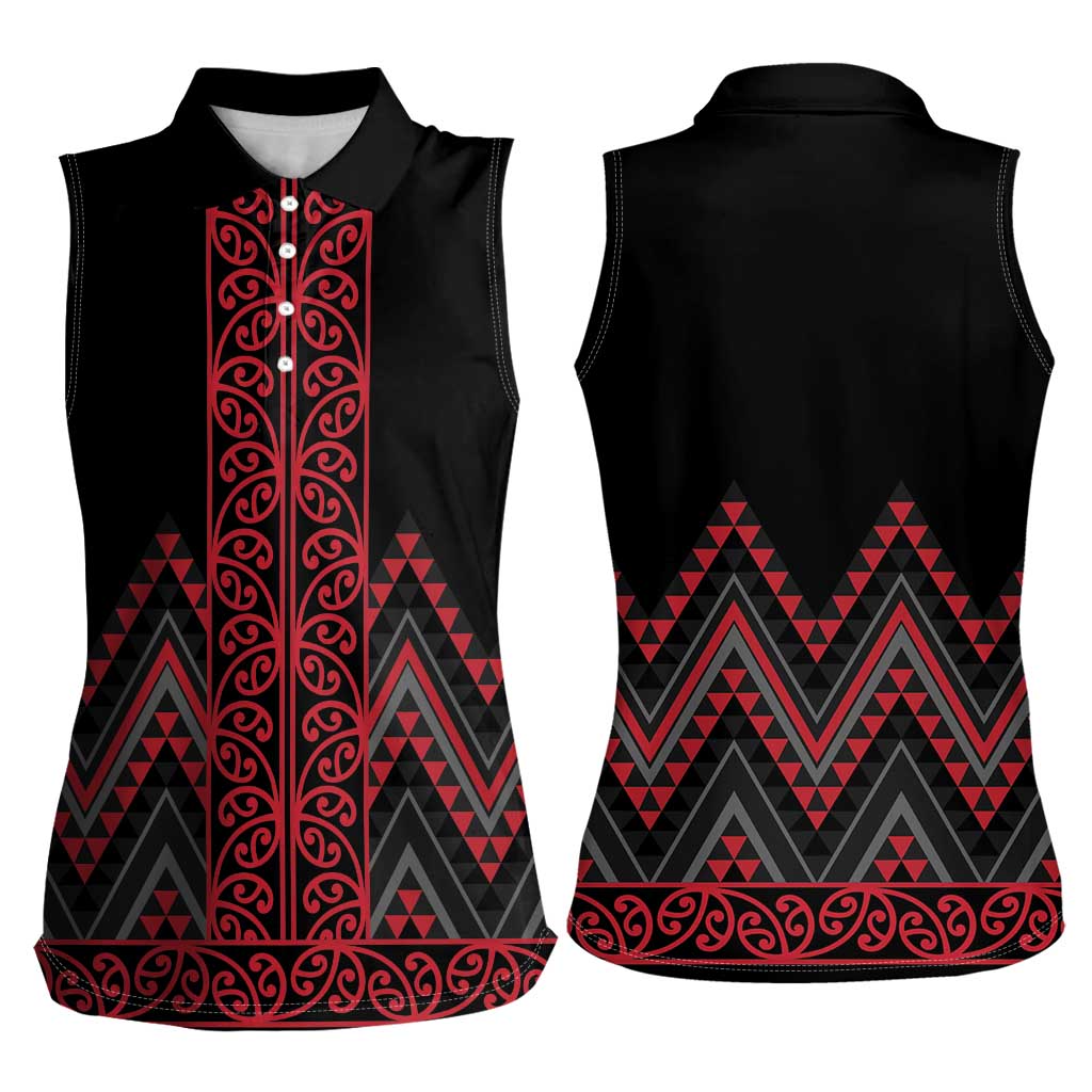 Red Aotearoa Mangopare Kowhaiwhai and Niho Taniwha Women Sleeveless Polo Shirt Maori New Zealand LT14 - Polynesian Pride