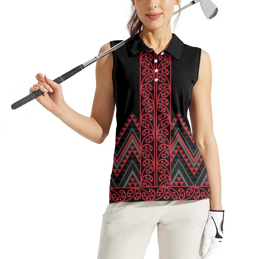 Red Aotearoa Mangopare Kowhaiwhai and Niho Taniwha Women Sleeveless Polo Shirt Maori New Zealand LT14 - Polynesian Pride