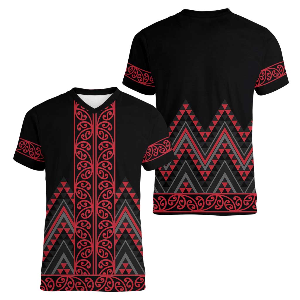 Red Aotearoa Mangopare Kowhaiwhai and Niho Taniwha Women V-Neck T-Shirt Maori New Zealand LT14 - Polynesian Pride
