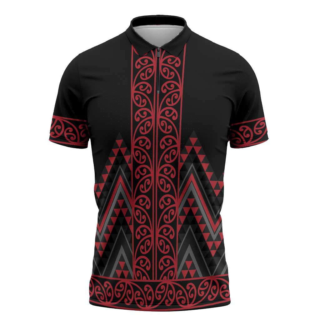 Red Aotearoa Mangopare Kowhaiwhai Niho Taniwha Zipper Polo Shirt Maori New Zealand - Polynesian Pride