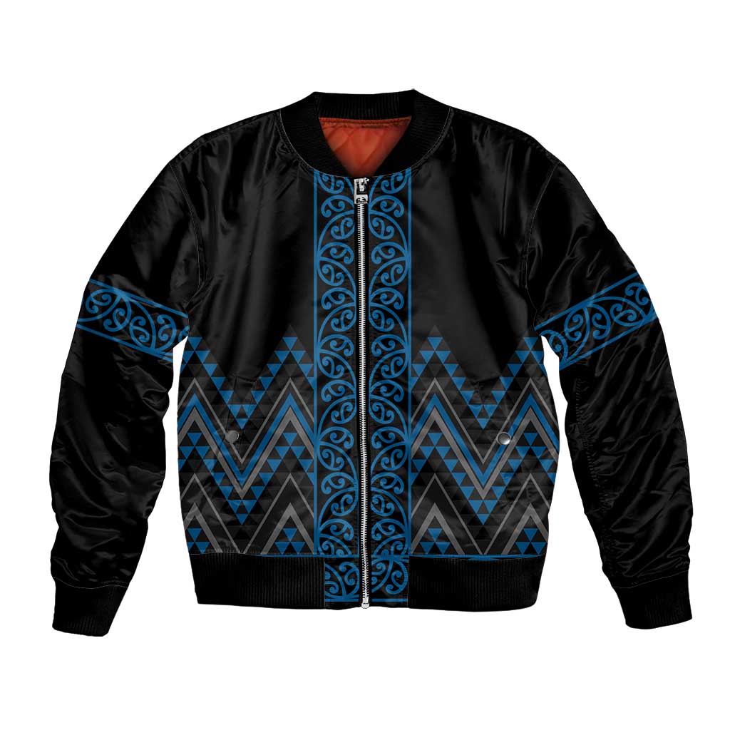 Blue Aotearoa Mangopare Kowhaiwhai and Niho Taniwha Bomber Jacket Maori New Zealand LT14 Unisex Blue - Polynesian Pride