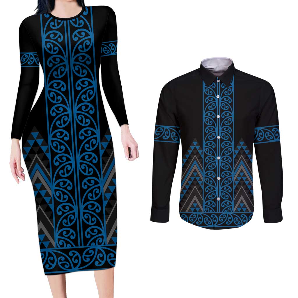 Blue Aotearoa Mangopare Kowhaiwhai and Niho Taniwha Couples Matching Long Sleeve Bodycon Dress and Long Sleeve Button Shirt Maori New Zealand LT14 Blue - Polynesian Pride