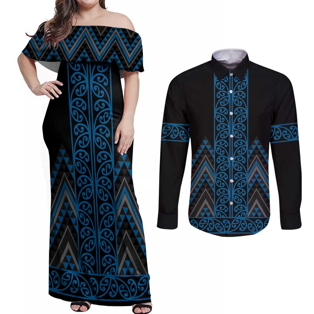 Blue Aotearoa Mangopare Kowhaiwhai and Niho Taniwha Couples Matching Off Shoulder Maxi Dress and Long Sleeve Button Shirt Maori New Zealand LT14 Blue - Polynesian Pride