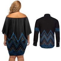 Blue Aotearoa Mangopare Kowhaiwhai and Niho Taniwha Couples Matching Off Shoulder Short Dress and Long Sleeve Button Shirt Maori New Zealand LT14 - Polynesian Pride