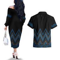 Blue Aotearoa Mangopare Kowhaiwhai and Niho Taniwha Couples Matching Off The Shoulder Long Sleeve Dress and Hawaiian Shirt Maori New Zealand LT14 - Polynesian Pride