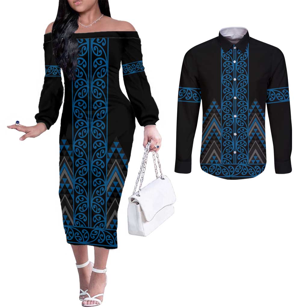 Blue Aotearoa Mangopare Kowhaiwhai and Niho Taniwha Couples Matching Off The Shoulder Long Sleeve Dress and Long Sleeve Button Shirt Maori New Zealand LT14 Blue - Polynesian Pride