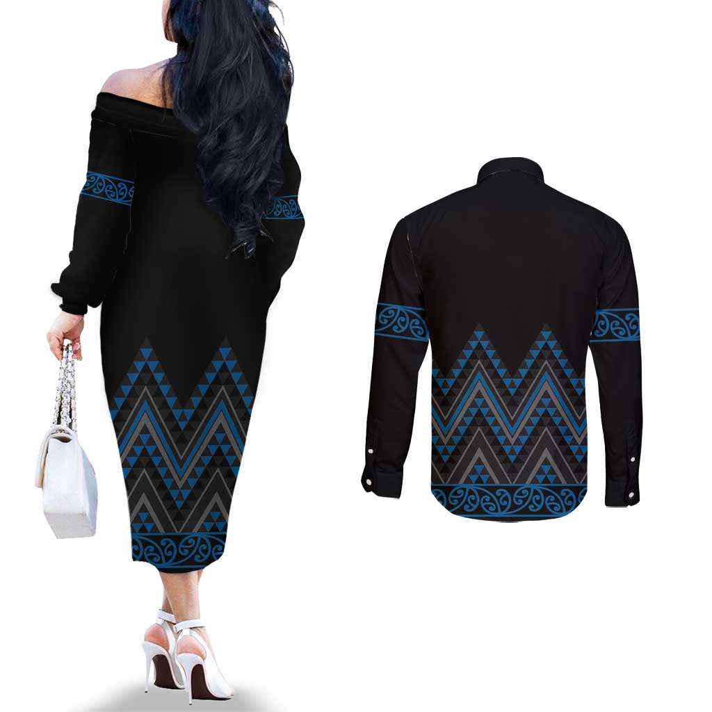Blue Aotearoa Mangopare Kowhaiwhai and Niho Taniwha Couples Matching Off The Shoulder Long Sleeve Dress and Long Sleeve Button Shirt Maori New Zealand LT14 - Polynesian Pride