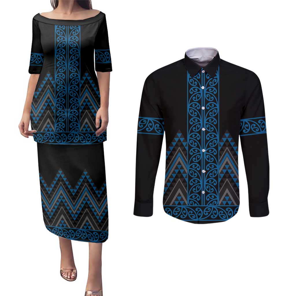 Blue Aotearoa Mangopare Kowhaiwhai and Niho Taniwha Couples Matching Puletasi and Long Sleeve Button Shirt Maori New Zealand LT14 Blue - Polynesian Pride