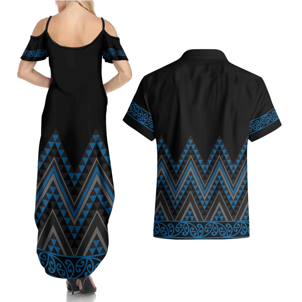 Blue Aotearoa Mangopare Kowhaiwhai and Niho Taniwha Couples Matching Summer Maxi Dress and Hawaiian Shirt Maori New Zealand LT14 - Polynesian Pride