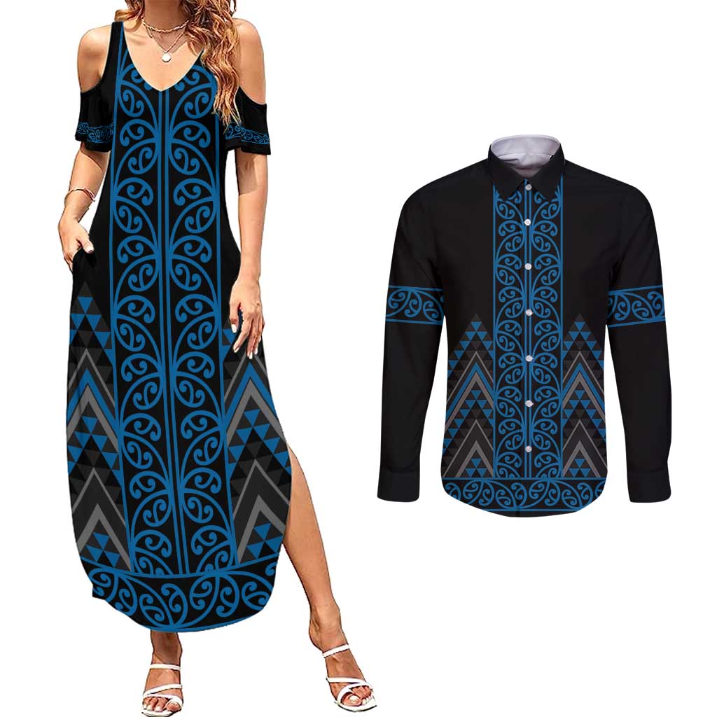 Blue Aotearoa Mangopare Kowhaiwhai and Niho Taniwha Couples Matching Summer Maxi Dress and Long Sleeve Button Shirt Maori New Zealand LT14 Blue - Polynesian Pride