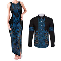 Blue Aotearoa Mangopare Kowhaiwhai and Niho Taniwha Couples Matching Tank Maxi Dress and Long Sleeve Button Shirt Maori New Zealand LT14 Blue - Polynesian Pride