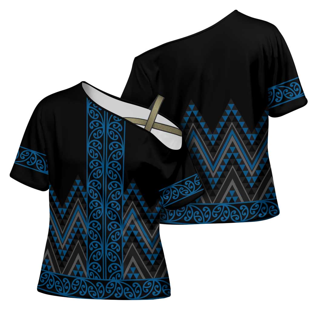 Blue Aotearoa Mangopare Kowhaiwhai Niho Taniwha Cross Shoulder Shirt Maori New Zealand LT14 - Polynesian Pride