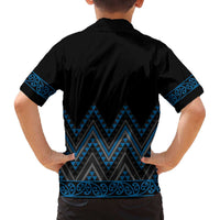 Blue Aotearoa Mangopare Kowhaiwhai and Niho Taniwha Family Matching Off The Shoulder Long Sleeve Dress and Hawaiian Shirt Maori New Zealand LT14 - Polynesian Pride