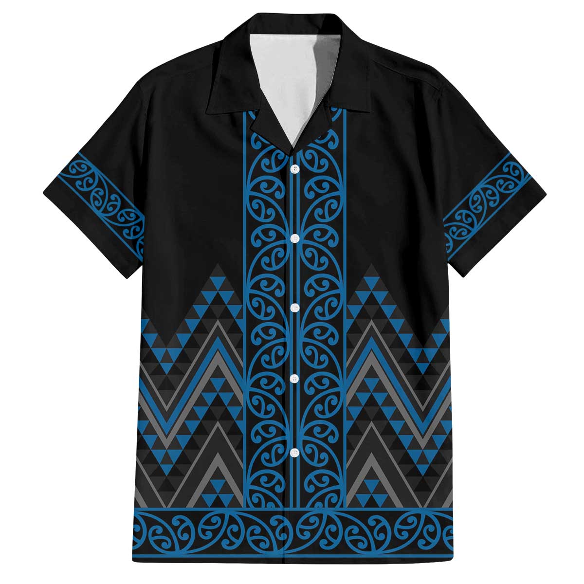 Blue Aotearoa Mangopare Kowhaiwhai and Niho Taniwha Family Matching Off The Shoulder Long Sleeve Dress and Hawaiian Shirt Maori New Zealand LT14 Dad's Shirt - Short Sleeve Blue - Polynesian Pride
