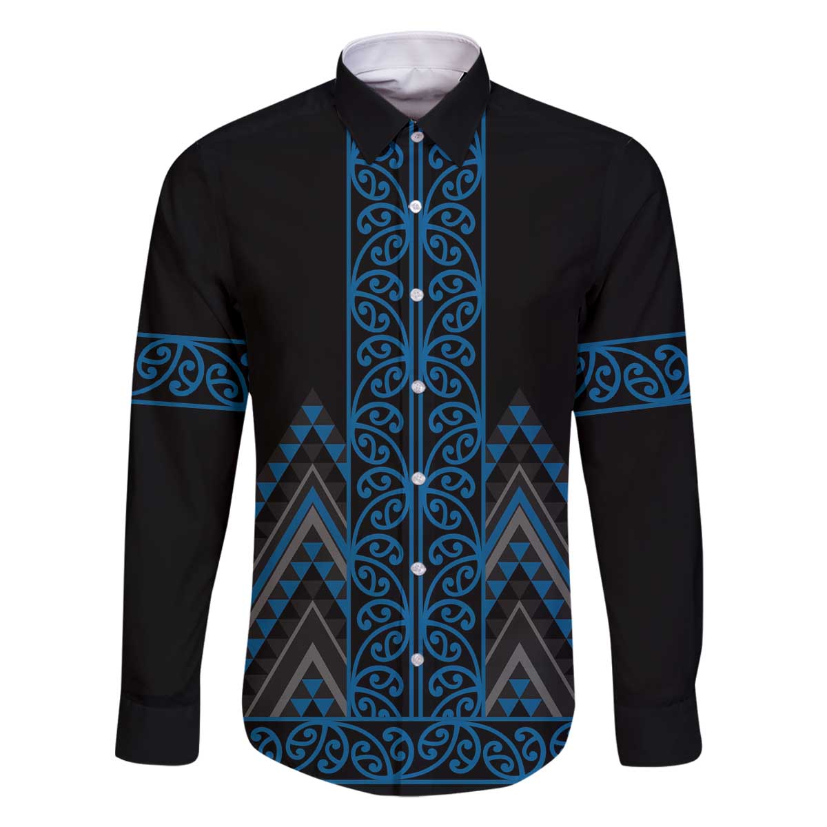 Blue Aotearoa Mangopare Kowhaiwhai and Niho Taniwha Family Matching Off The Shoulder Long Sleeve Dress and Hawaiian Shirt Maori New Zealand LT14 Dad's Shirt - Long Sleeve Blue - Polynesian Pride