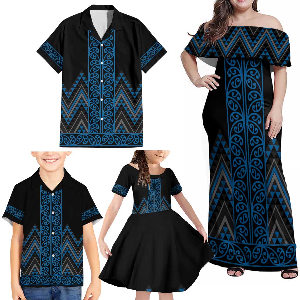 Blue Aotearoa Mangopare Kowhaiwhai and Niho Taniwha Family Matching Off Shoulder Maxi Dress and Hawaiian Shirt Maori New Zealand LT14 - Polynesian Pride