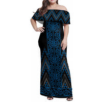 Blue Aotearoa Mangopare Kowhaiwhai and Niho Taniwha Family Matching Off Shoulder Maxi Dress and Hawaiian Shirt Maori New Zealand LT14 Mom's Dress Blue - Polynesian Pride