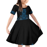 Blue Aotearoa Mangopare Kowhaiwhai and Niho Taniwha Family Matching Off Shoulder Short Dress and Hawaiian Shirt Maori New Zealand LT14 Daughter's Dress Blue - Polynesian Pride