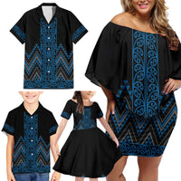 Blue Aotearoa Mangopare Kowhaiwhai and Niho Taniwha Family Matching Off Shoulder Short Dress and Hawaiian Shirt Maori New Zealand LT14 - Polynesian Pride
