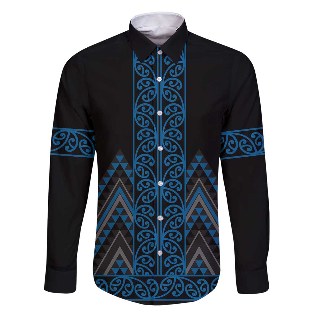 Blue Aotearoa Mangopare Kowhaiwhai and Niho Taniwha Family Matching Off Shoulder Short Dress and Hawaiian Shirt Maori New Zealand LT14 Dad's Shirt - Long Sleeve Blue - Polynesian Pride