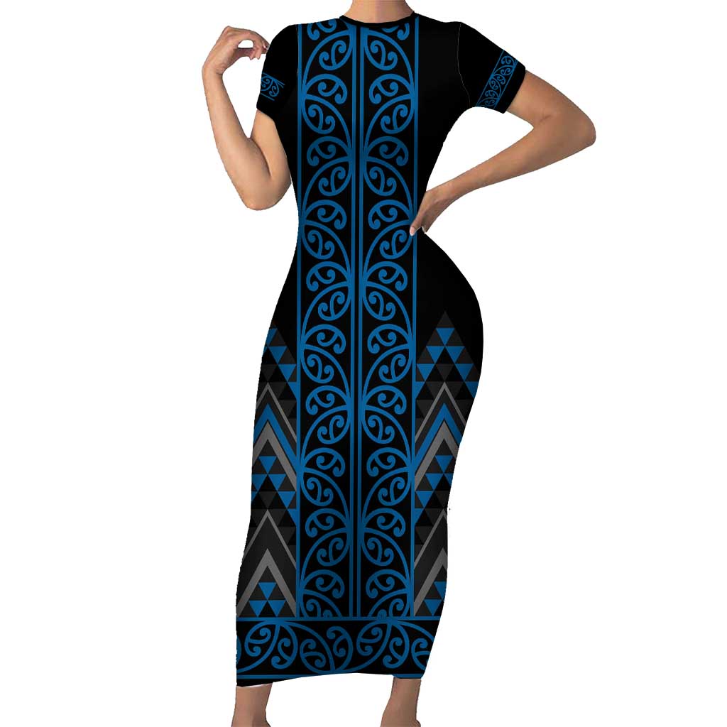 Blue Aotearoa Mangopare Kowhaiwhai and Niho Taniwha Family Matching Short Sleeve Bodycon Dress and Hawaiian Shirt Maori New Zealand LT14 Mom's Dress Blue - Polynesian Pride