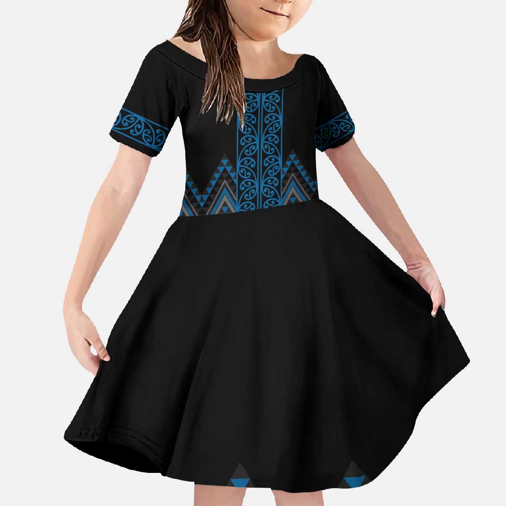 Blue Aotearoa Mangopare Kowhaiwhai and Niho Taniwha Family Matching Summer Maxi Dress and Hawaiian Shirt Maori New Zealand LT14 Daughter's Dress Blue - Polynesian Pride