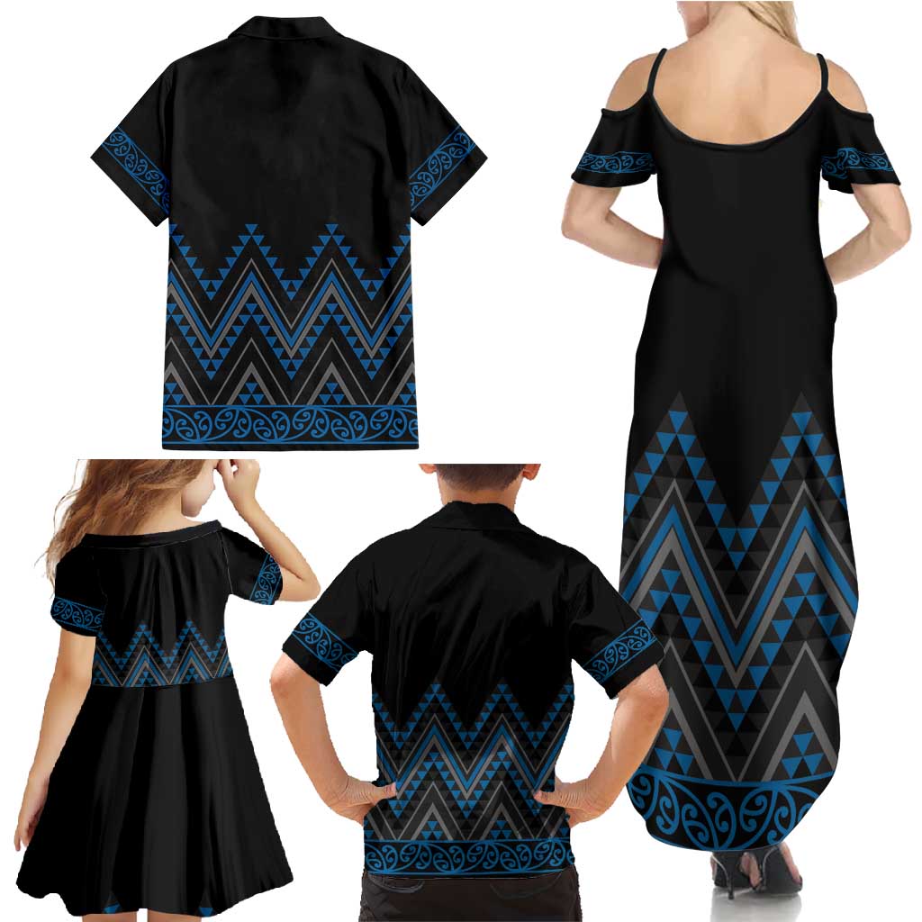 Blue Aotearoa Mangopare Kowhaiwhai and Niho Taniwha Family Matching Summer Maxi Dress and Hawaiian Shirt Maori New Zealand LT14 - Polynesian Pride