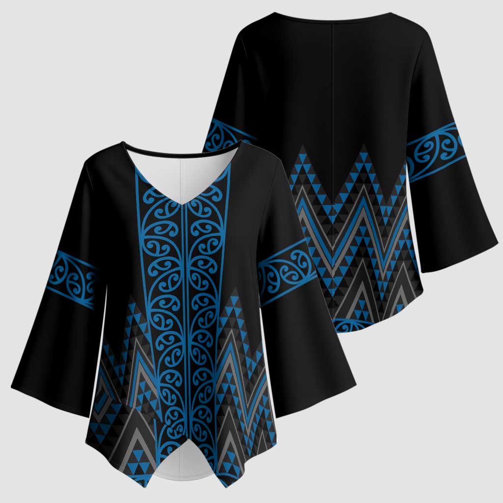 Blue Aotearoa Mangopare Kowhaiwhai Niho Taniwha Kimono Sleeve Blouse Maori New Zealand LT14 - Polynesian Pride
