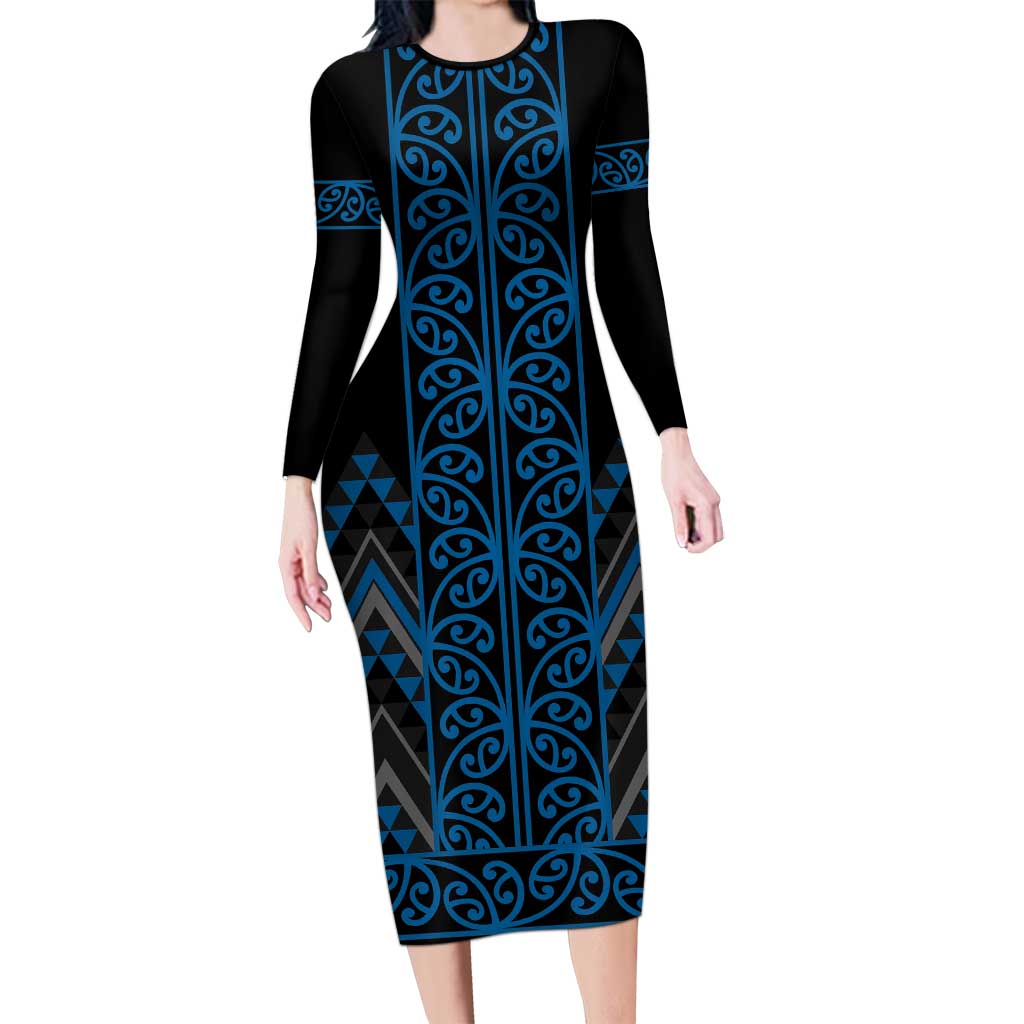 Blue Aotearoa Mangopare Kowhaiwhai and Niho Taniwha Long Sleeve Bodycon Dress Maori New Zealand LT14 Long Dress Blue - Polynesian Pride
