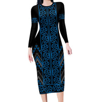 Blue Aotearoa Mangopare Kowhaiwhai and Niho Taniwha Long Sleeve Bodycon Dress Maori New Zealand LT14 Long Dress Blue - Polynesian Pride