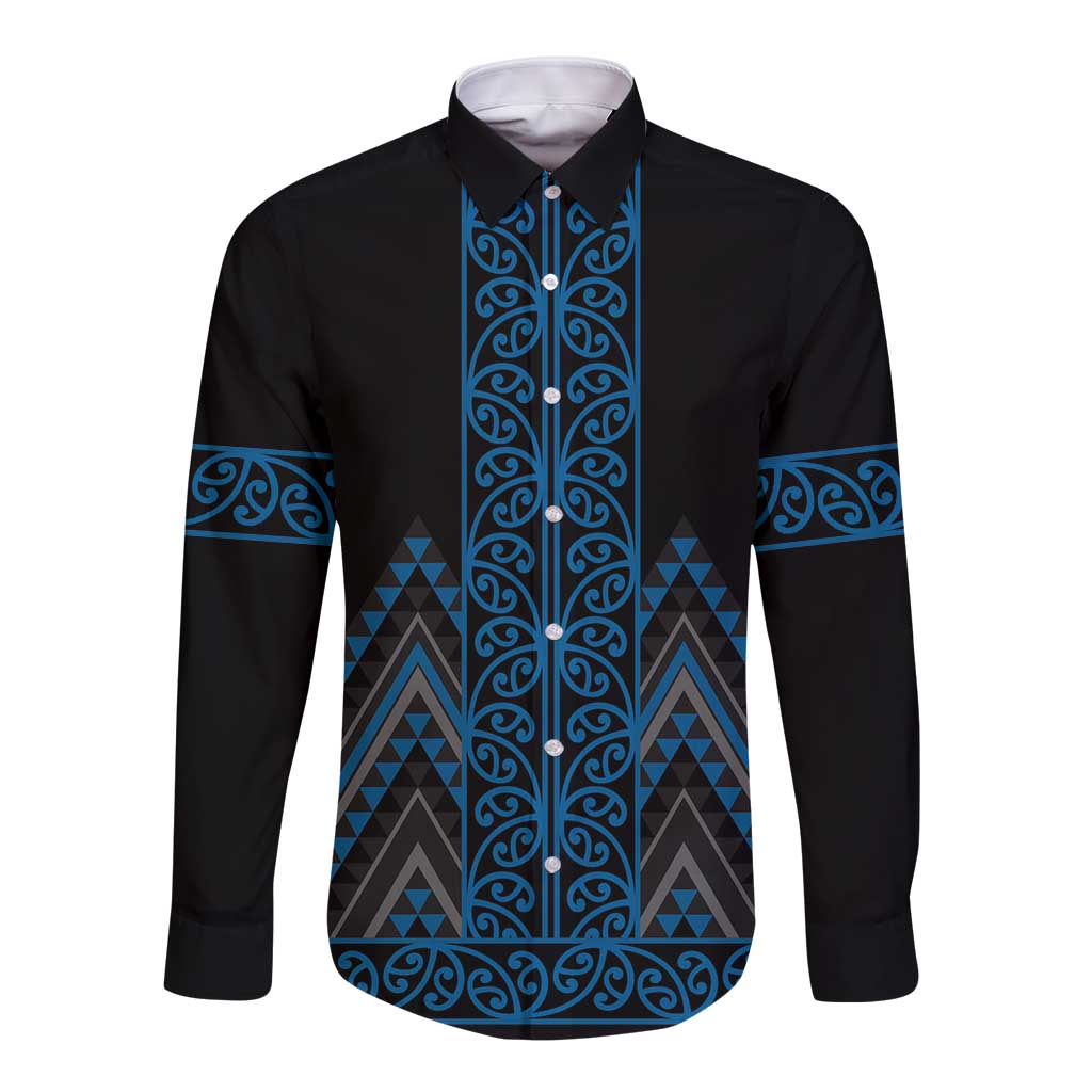 Blue Aotearoa Mangopare Kowhaiwhai and Niho Taniwha Long Sleeve Button Shirt Maori New Zealand LT14 Unisex Blue - Polynesian Pride