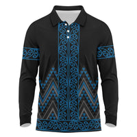 Blue Aotearoa Mangopare Kowhaiwhai and Niho Taniwha Long Sleeve Polo Shirt Maori New Zealand LT14 Blue - Polynesian Pride