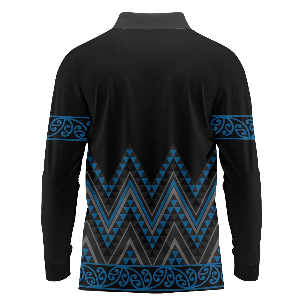 Blue Aotearoa Mangopare Kowhaiwhai and Niho Taniwha Long Sleeve Polo Shirt Maori New Zealand LT14 - Polynesian Pride