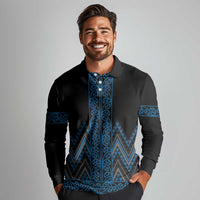 Blue Aotearoa Mangopare Kowhaiwhai and Niho Taniwha Long Sleeve Polo Shirt Maori New Zealand LT14 - Polynesian Pride